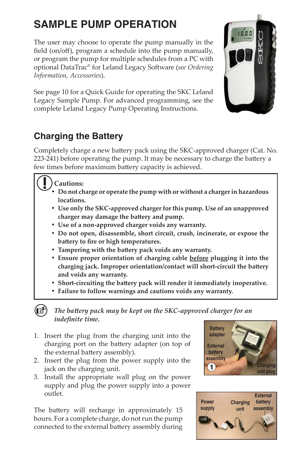 Sample pump operation, Charging the battery | SKC 100-3901 DPS (Deployable Particulate Sampler) System User Manual | Page 10 / 19