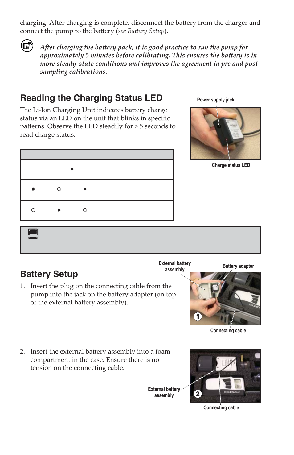 Reading the charging status led, Battery setup | SKC 100-3901 DPS (Deployable Particulate Sampler) System User Manual | Page 11 / 19