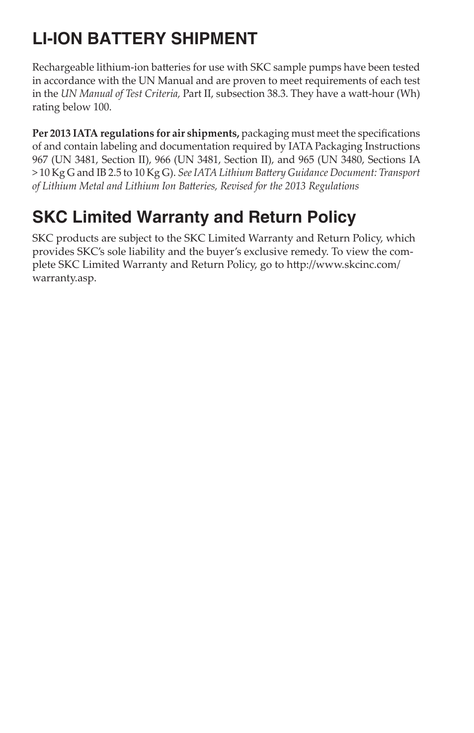 Li-ion battery shipment, Skc limited warranty and return policy | SKC 100-3901 DPS (Deployable Particulate Sampler) System User Manual | Page 19 / 19