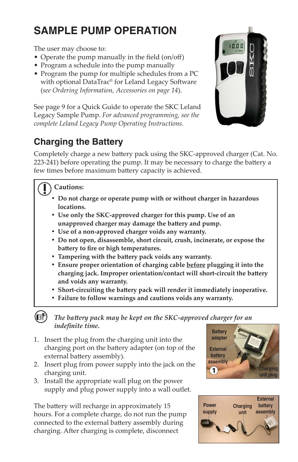 Sample pump operation, Charging the battery | SKC DCS (Deployable Cartridge Sampler) System User Manual | Page 10 / 18