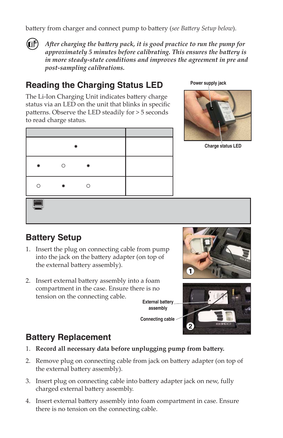 Reading the charging status led, Battery setup, Battery replacement | SKC DCS (Deployable Cartridge Sampler) System User Manual | Page 11 / 18