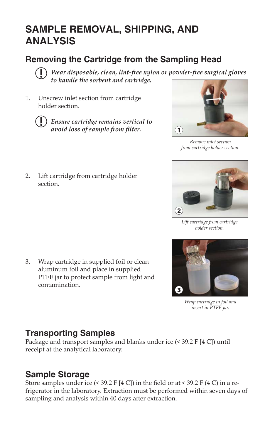 Sample removal, shipping, and analysis, Removing the cartridge from the sampling head, Transporting samples | Sample storage | SKC DCS (Deployable Cartridge Sampler) System User Manual | Page 15 / 18