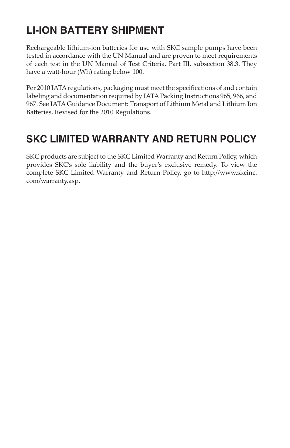 Li-ion battery shipment, Skc limited warranty and return policy | SKC DCS (Deployable Cartridge Sampler) System User Manual | Page 18 / 18