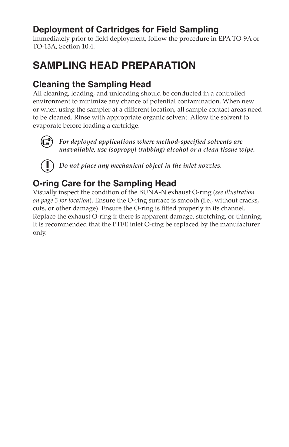 Sampling head preparation, Deployment of cartridges for field sampling, Cleaning the sampling head | O-ring care for the sampling head | SKC DCS (Deployable Cartridge Sampler) System User Manual | Page 8 / 18