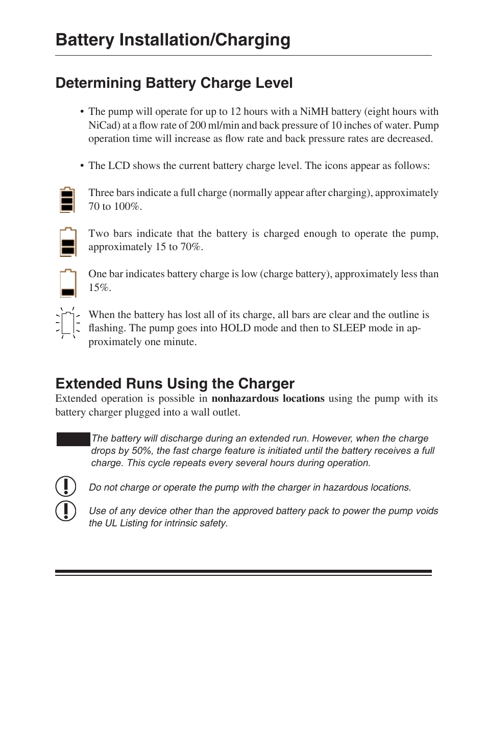 Battery installation/charging, Extended runs using the charger, Determining battery charge level | SKC 210-1000 Pocket Pump User Manual | Page 10 / 31