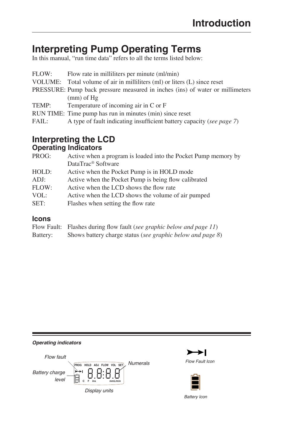 Introduction interpreting pump operating terms, Interpreting the lcd, Operating indicators | Icons | SKC 210-1000 Pocket Pump User Manual | Page 11 / 31