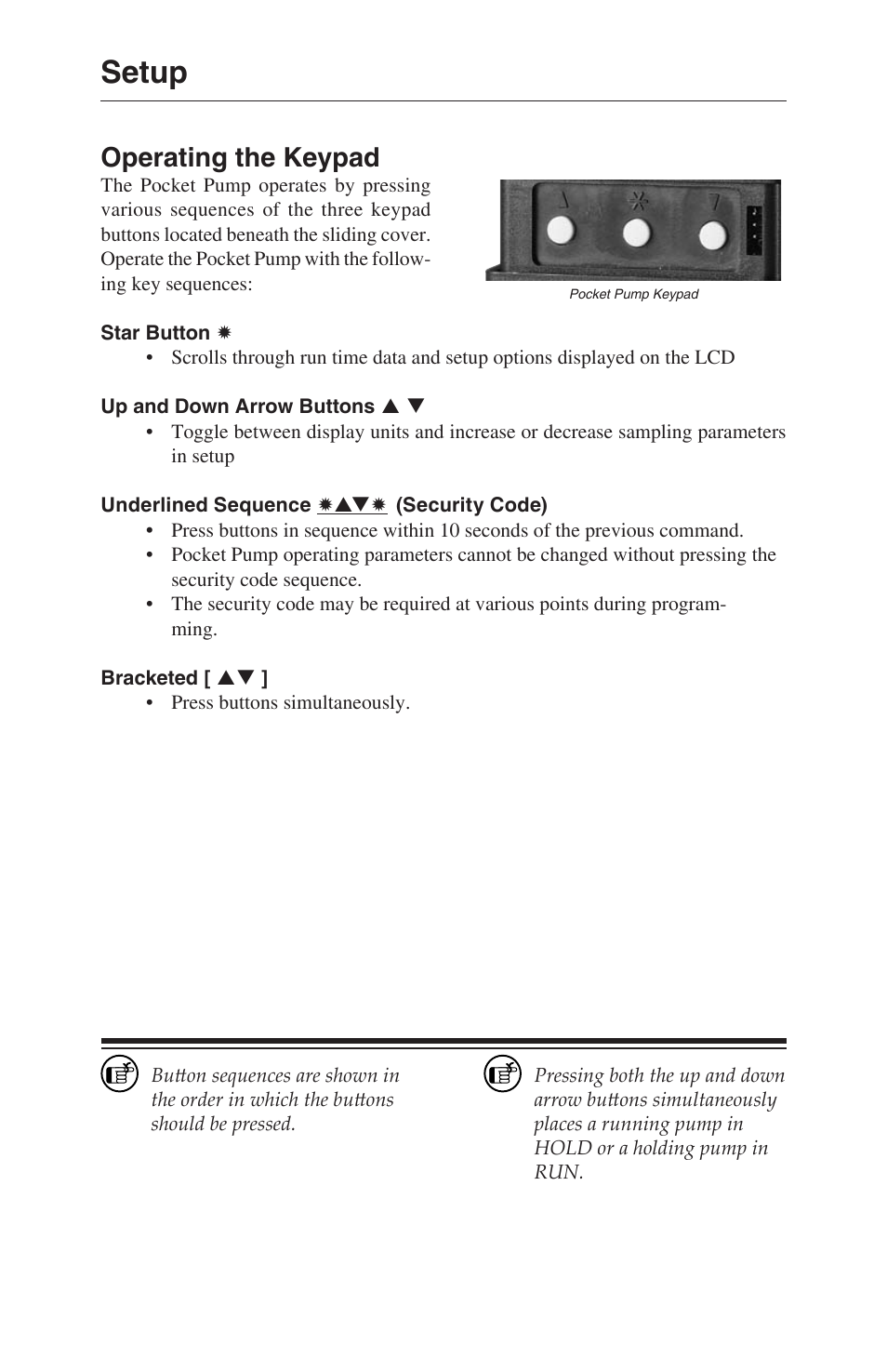 Setup, Operating the keypad | SKC 210-1000 Pocket Pump User Manual | Page 12 / 31