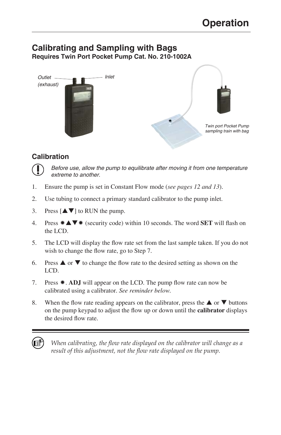 Operation, Calibrating and sampling with bags | SKC 210-1000 Pocket Pump User Manual | Page 21 / 31