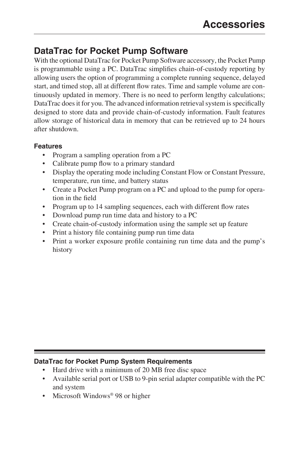 Accessories, Datatrac for pocket pump software | SKC 210-1000 Pocket Pump User Manual | Page 27 / 31