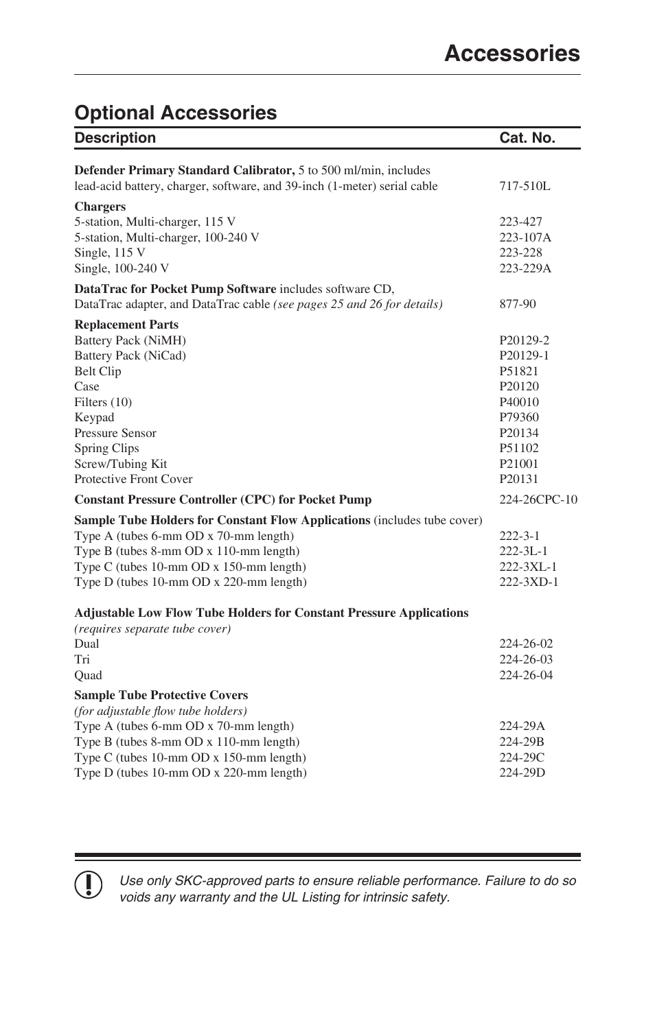 Accessories, Optional accessories | SKC 210-1000 Pocket Pump User Manual | Page 29 / 31