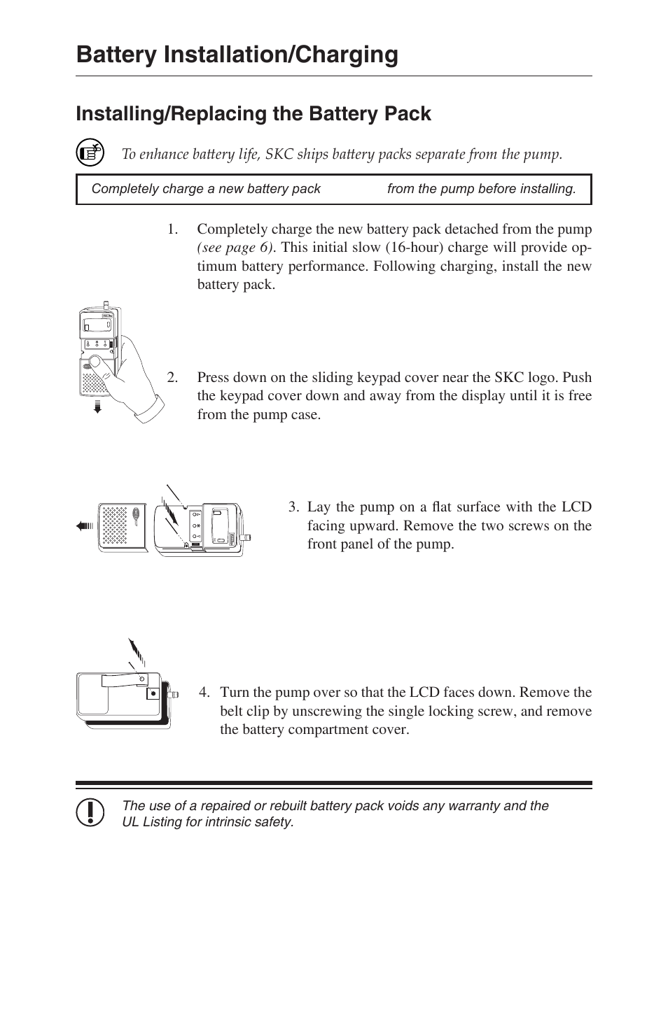 Battery installation/charging, Installing/replacing the battery pack | SKC 210-1000 Pocket Pump User Manual | Page 6 / 31