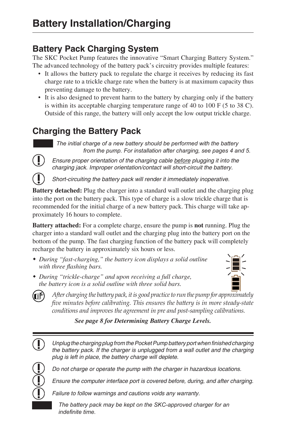 Battery installation/charging, Battery pack charging system, Charging the battery pack | SKC 210-1000 Pocket Pump User Manual | Page 8 / 31