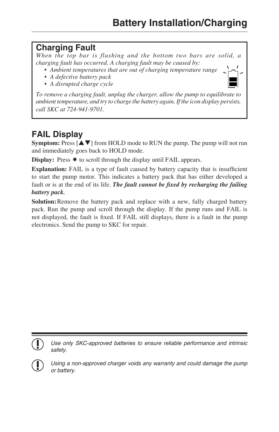 Battery installation/charging, Charging fault, Fail display | SKC 210-1000 Pocket Pump User Manual | Page 9 / 31