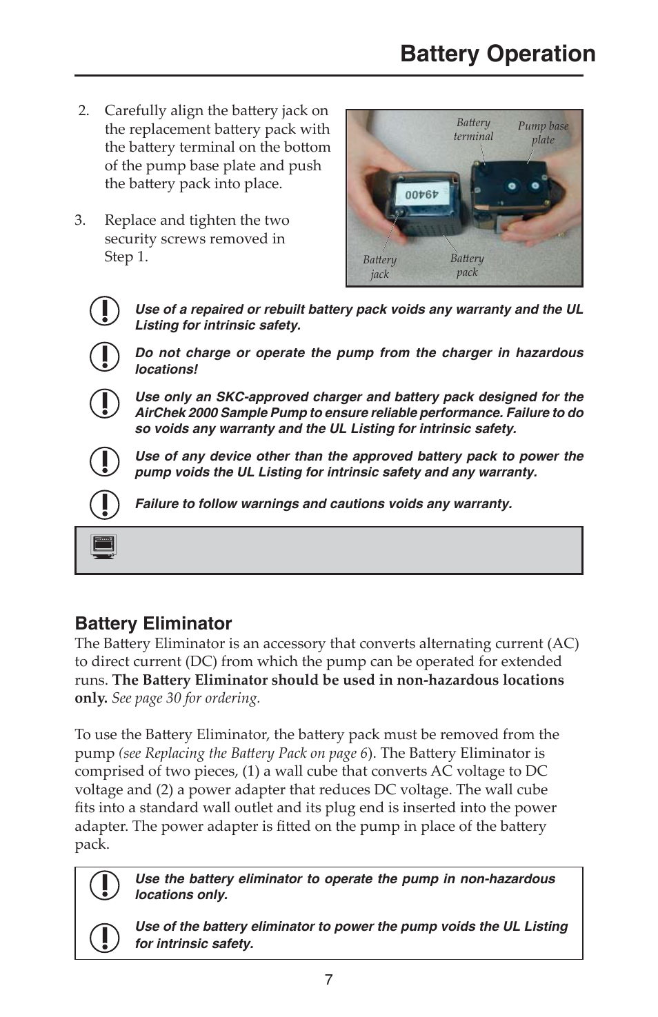 Battery operation, Battery eliminator | SKC 210-2000 AirChek 2000 User Manual | Page 10 / 36