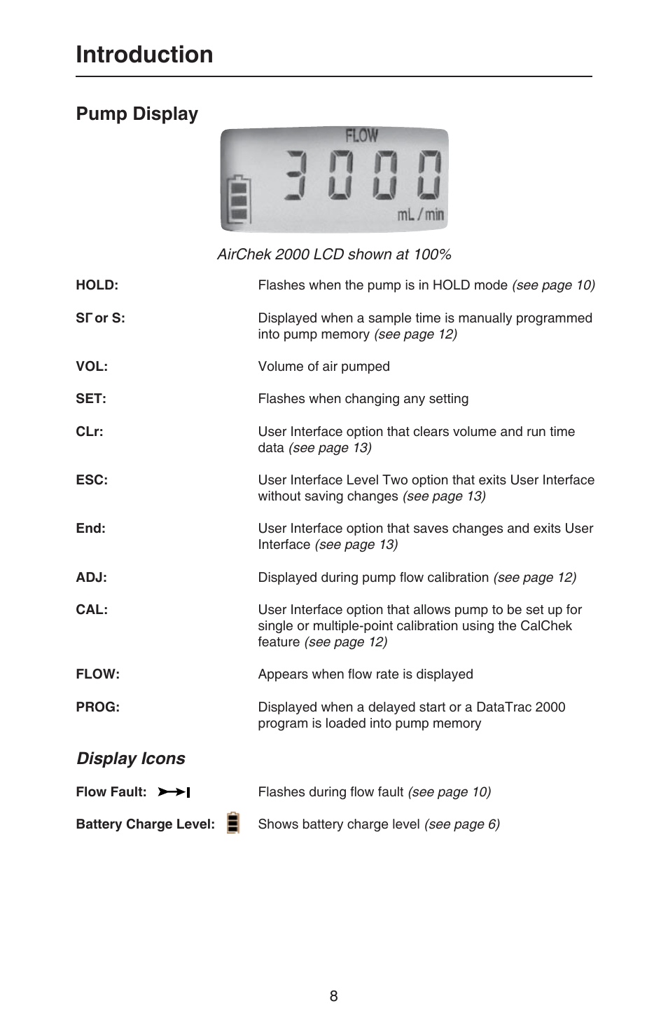 Introduction, Pump display, Display icons | SKC 210-2000 AirChek 2000 User Manual | Page 11 / 36