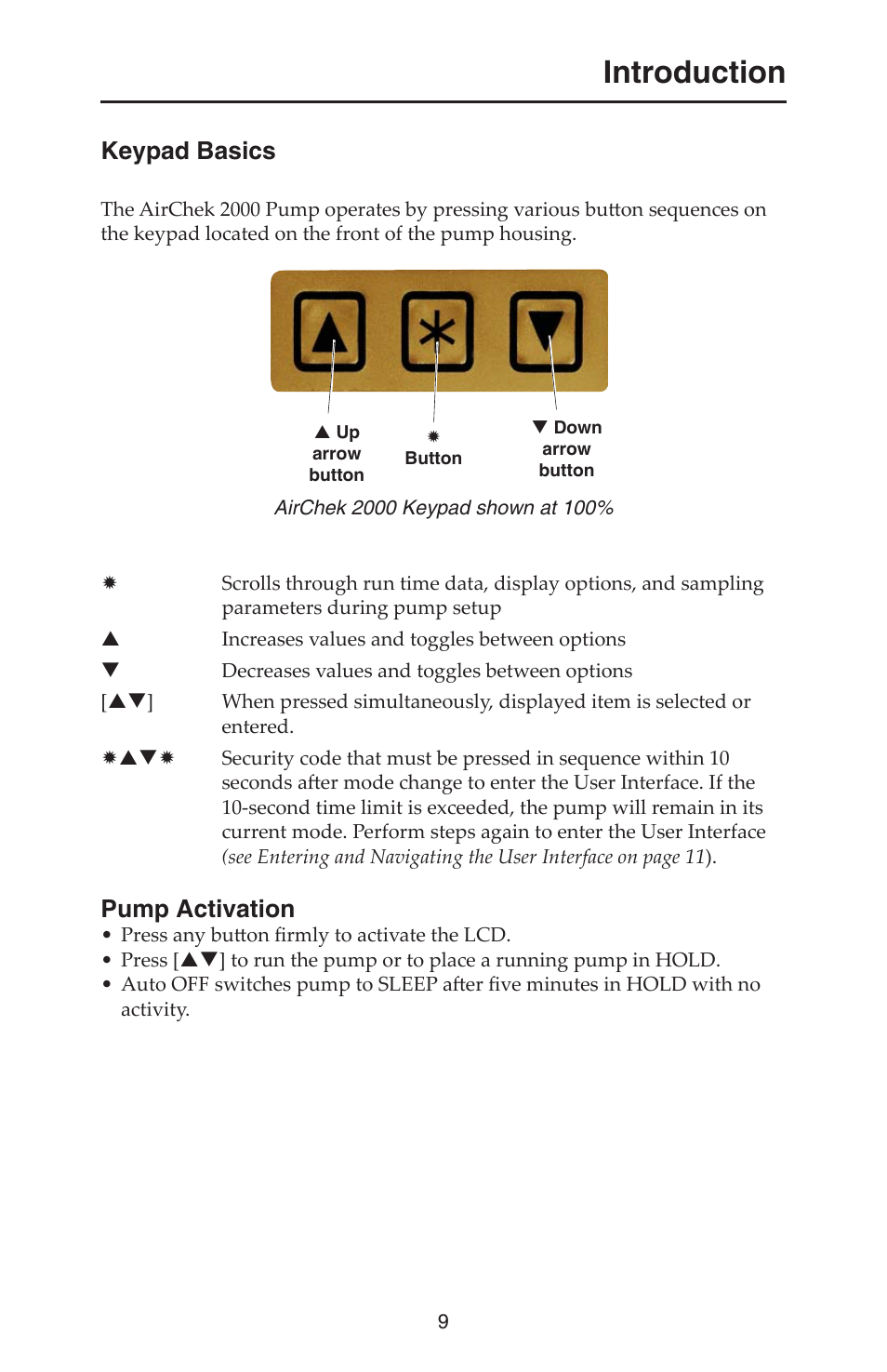 Introduction, Keypad basics, Pump activation | SKC 210-2000 AirChek 2000 User Manual | Page 12 / 36