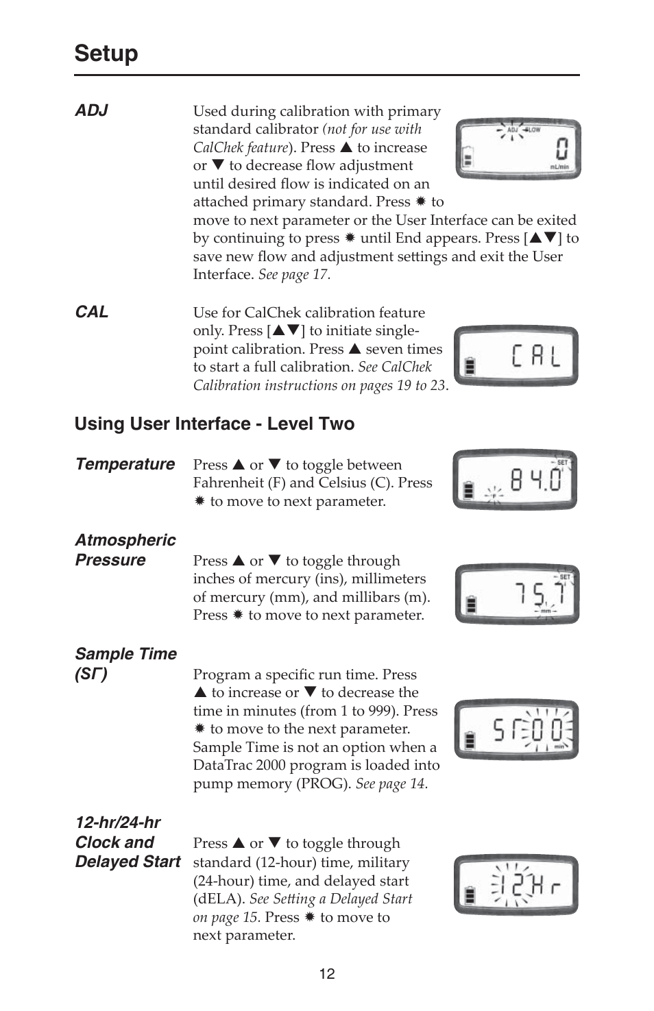 Setup, Using user interface - level two | SKC 210-2000 AirChek 2000 User Manual | Page 15 / 36