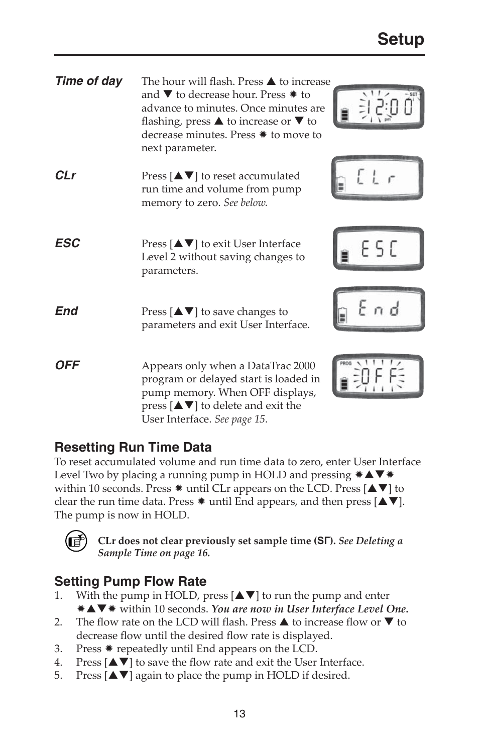 Setup, Resetting run time data, Setting pump flow rate | SKC 210-2000 AirChek 2000 User Manual | Page 16 / 36