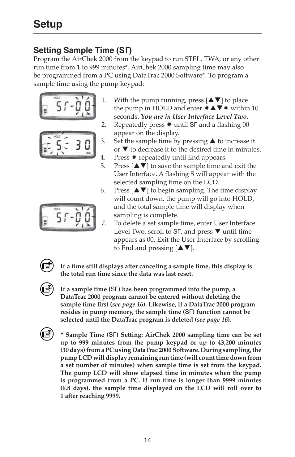 Setup, Setting sample time (s г) | SKC 210-2000 AirChek 2000 User Manual | Page 17 / 36