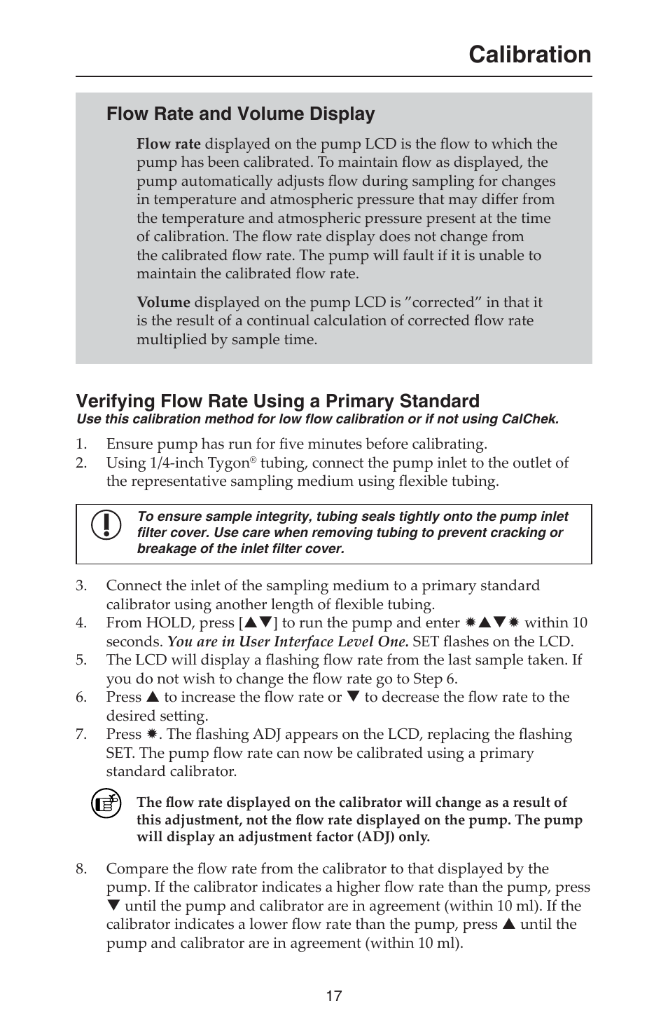 Calibration, Flow rate and volume display, Verifying flow rate using a primary standard | SKC 210-2000 AirChek 2000 User Manual | Page 20 / 36