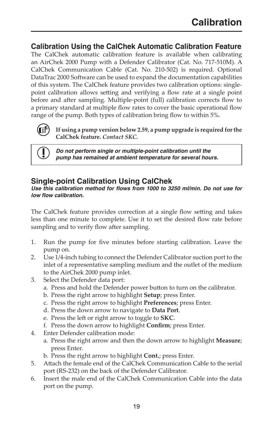 Calibration, Single-point calibration using calchek | SKC 210-2000 AirChek 2000 User Manual | Page 22 / 36