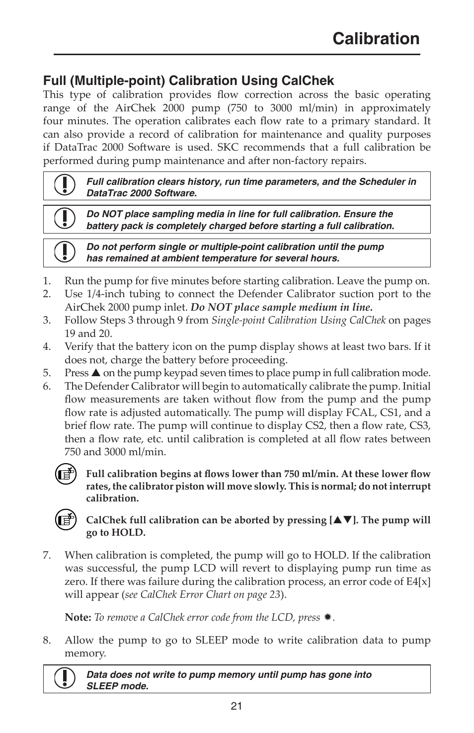 Calibration, Full (multiple-point) calibration using calchek | SKC 210-2000 AirChek 2000 User Manual | Page 24 / 36