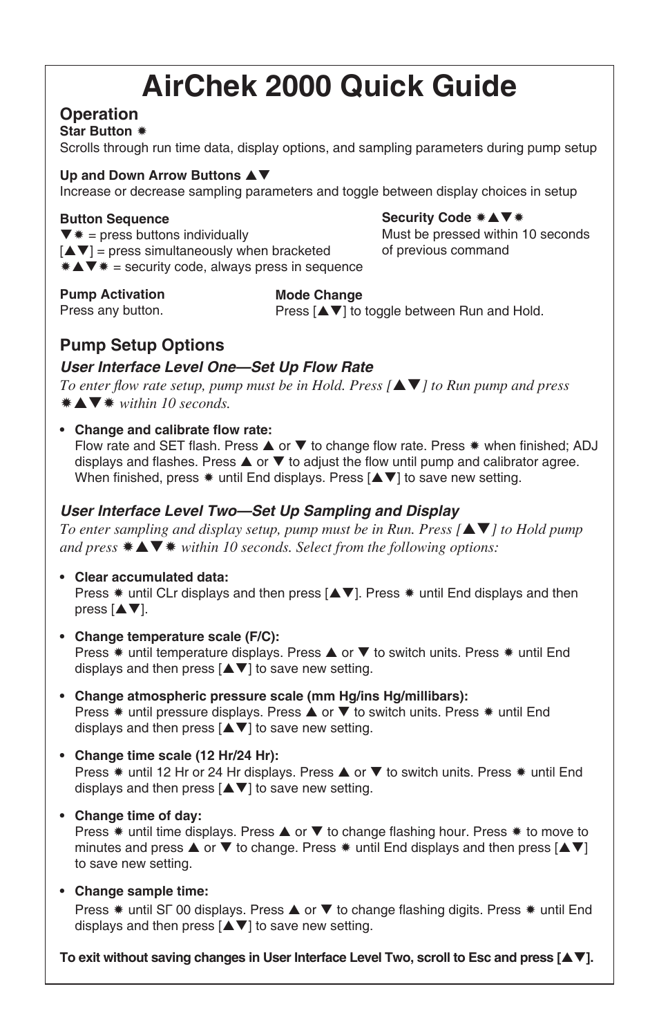 Airchek 2000 quick guide, Operation, Pump setup options | SKC 210-2000 AirChek 2000 User Manual | Page 3 / 36