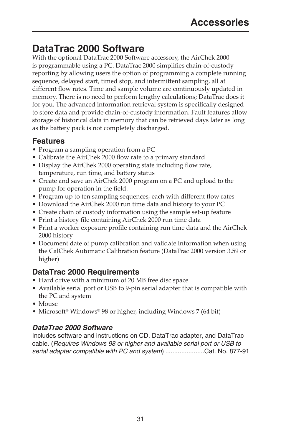 Datatrac 2000 software, Accessories, Features | Datatrac 2000 requirements | SKC 210-2000 AirChek 2000 User Manual | Page 34 / 36