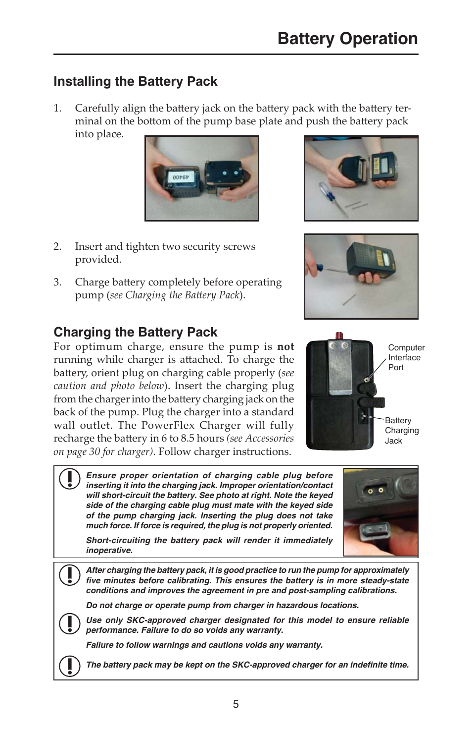 Battery operation, Installing the battery pack, Charging the battery pack | SKC 210-2000 AirChek 2000 User Manual | Page 8 / 36