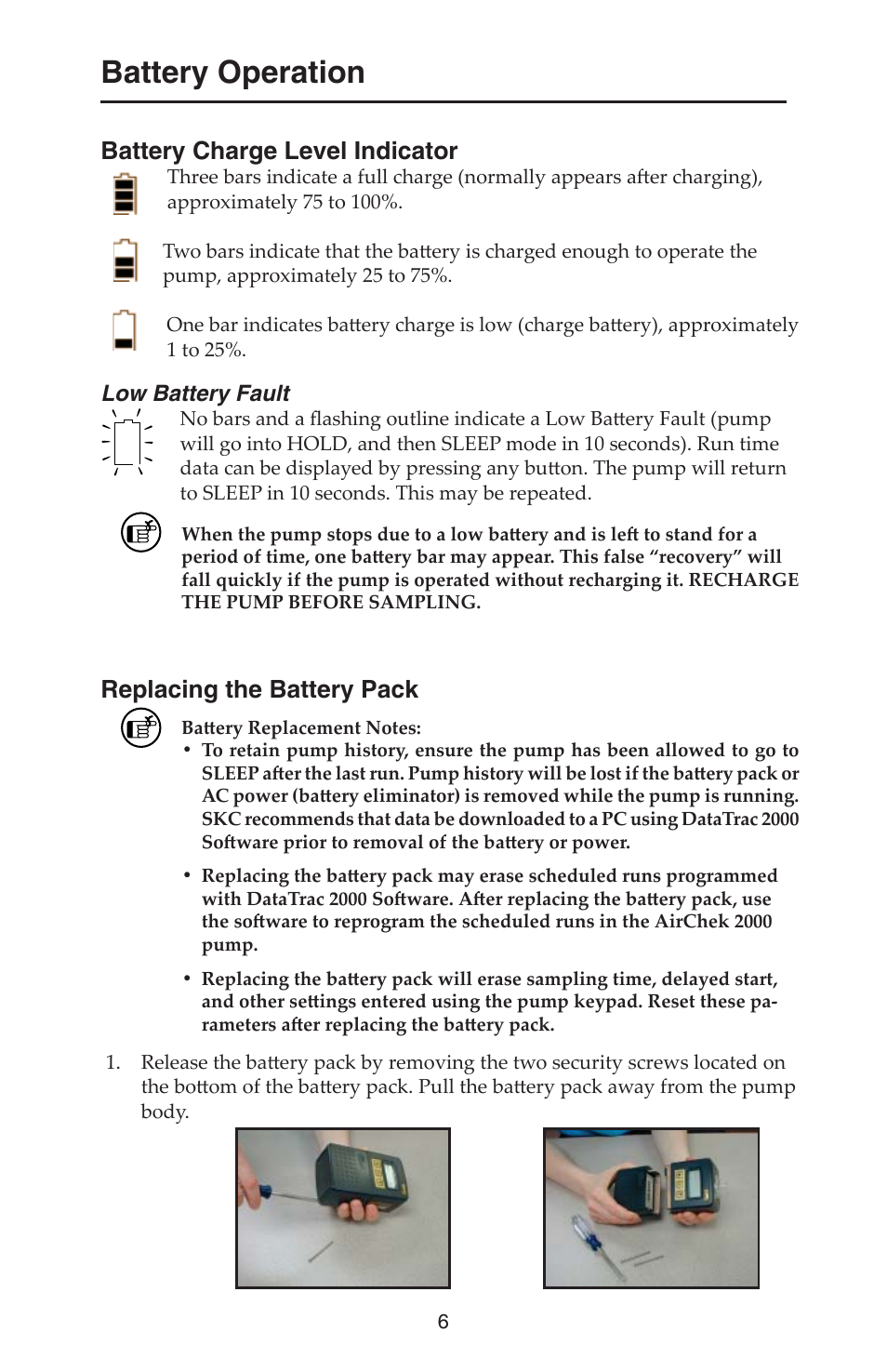 Battery operation, Battery charge level indicator, Replacing the battery pack | SKC 210-2000 AirChek 2000 User Manual | Page 9 / 36