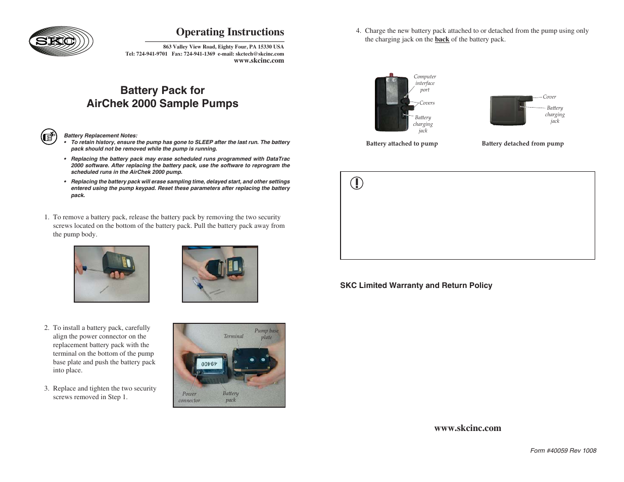 SKC Battery Pack for AirChek 2000 User Manual | 1 page