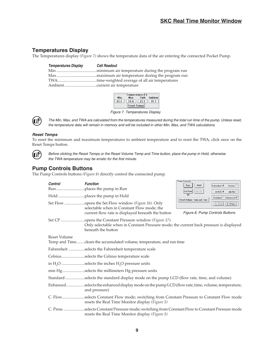 Skc real time monitor window temperatures display, Pump controls buttons | SKC DataTrac for the Pocket Pump User Manual | Page 11 / 33