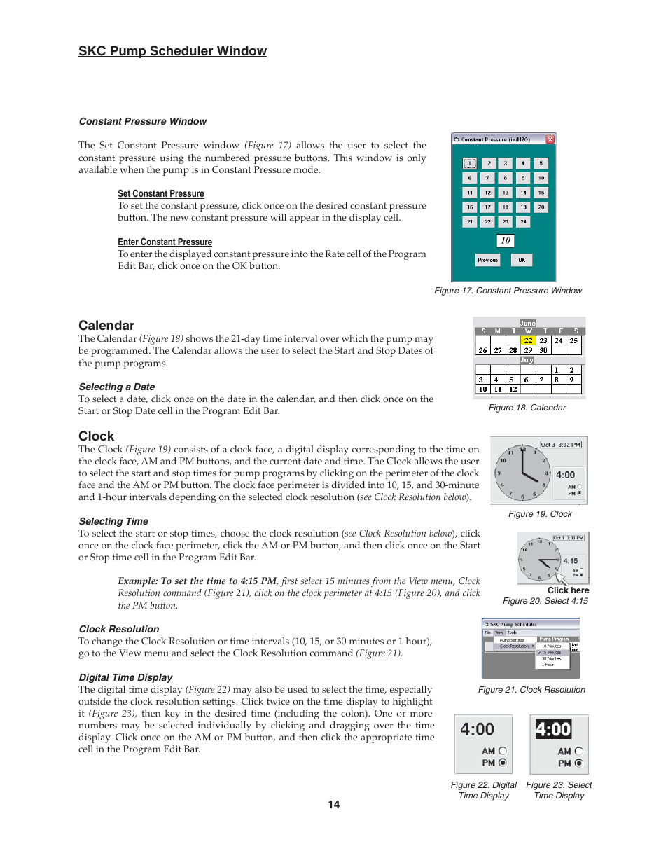 Skc pump scheduler window, Calendar, Clock | SKC DataTrac for the Pocket Pump User Manual | Page 16 / 33