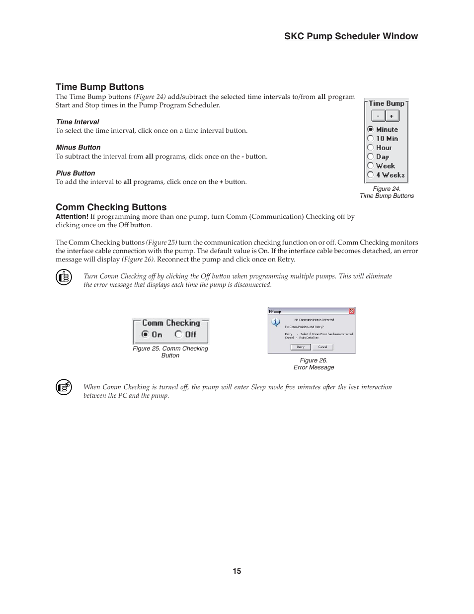 Skc pump scheduler window time bump buttons, Comm checking buttons | SKC DataTrac for the Pocket Pump User Manual | Page 17 / 33