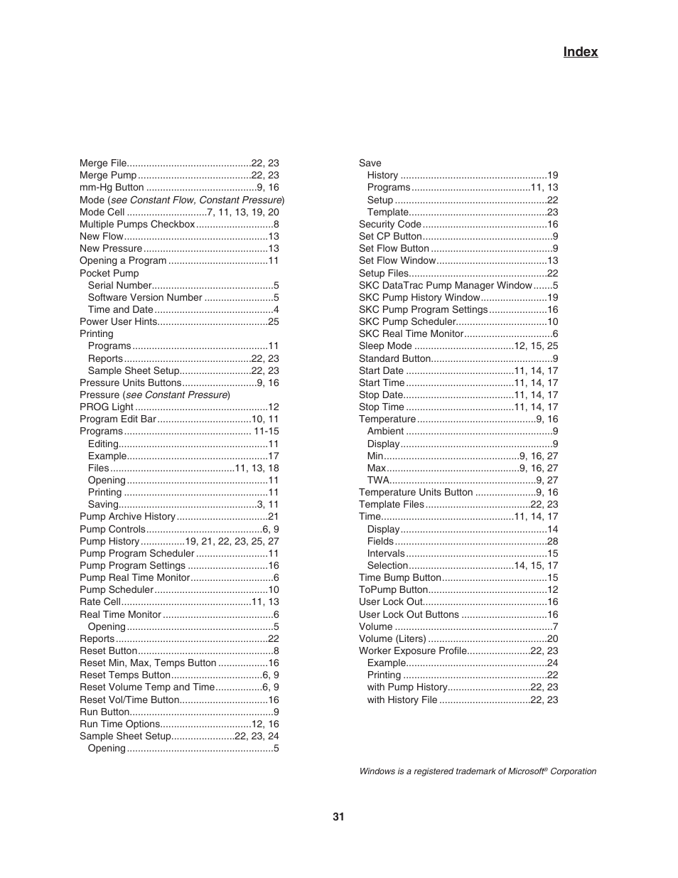 Index | SKC DataTrac for the Pocket Pump User Manual | Page 33 / 33