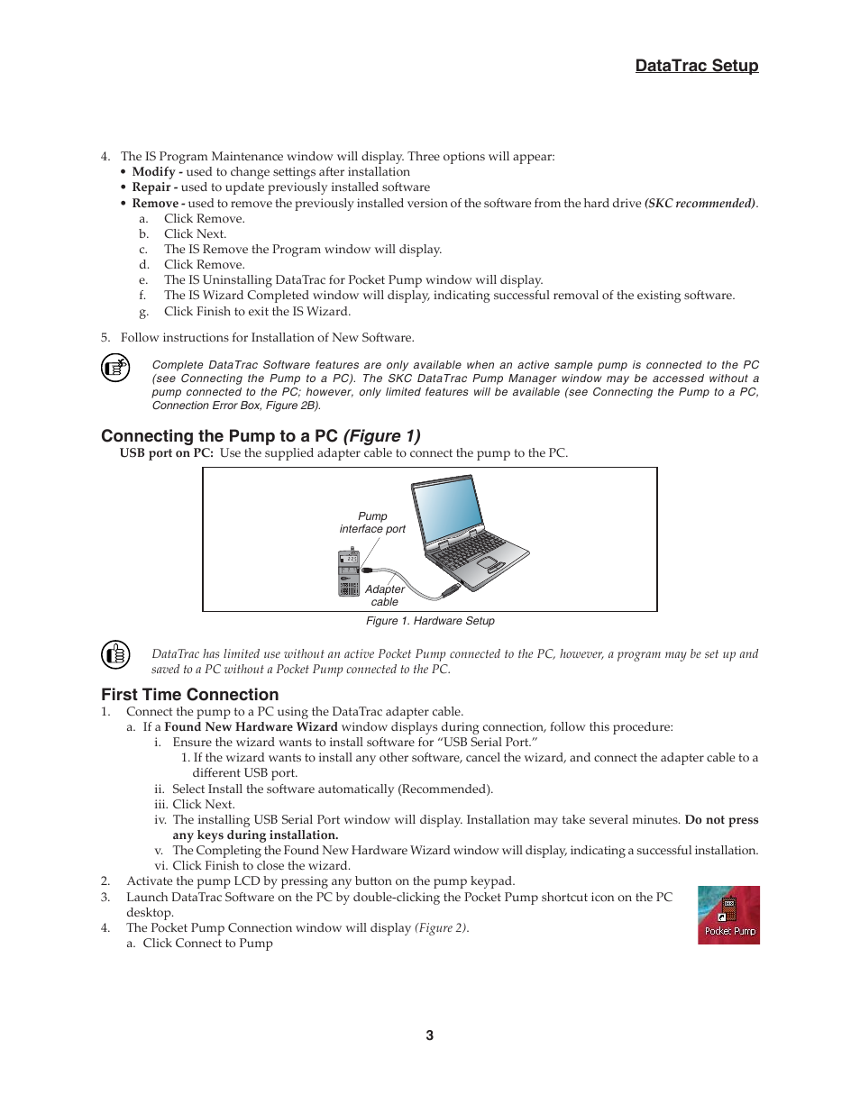 Datatrac setup, Connecting the pump to a pc (figure 1), First time connection | SKC DataTrac for the Pocket Pump User Manual | Page 5 / 33