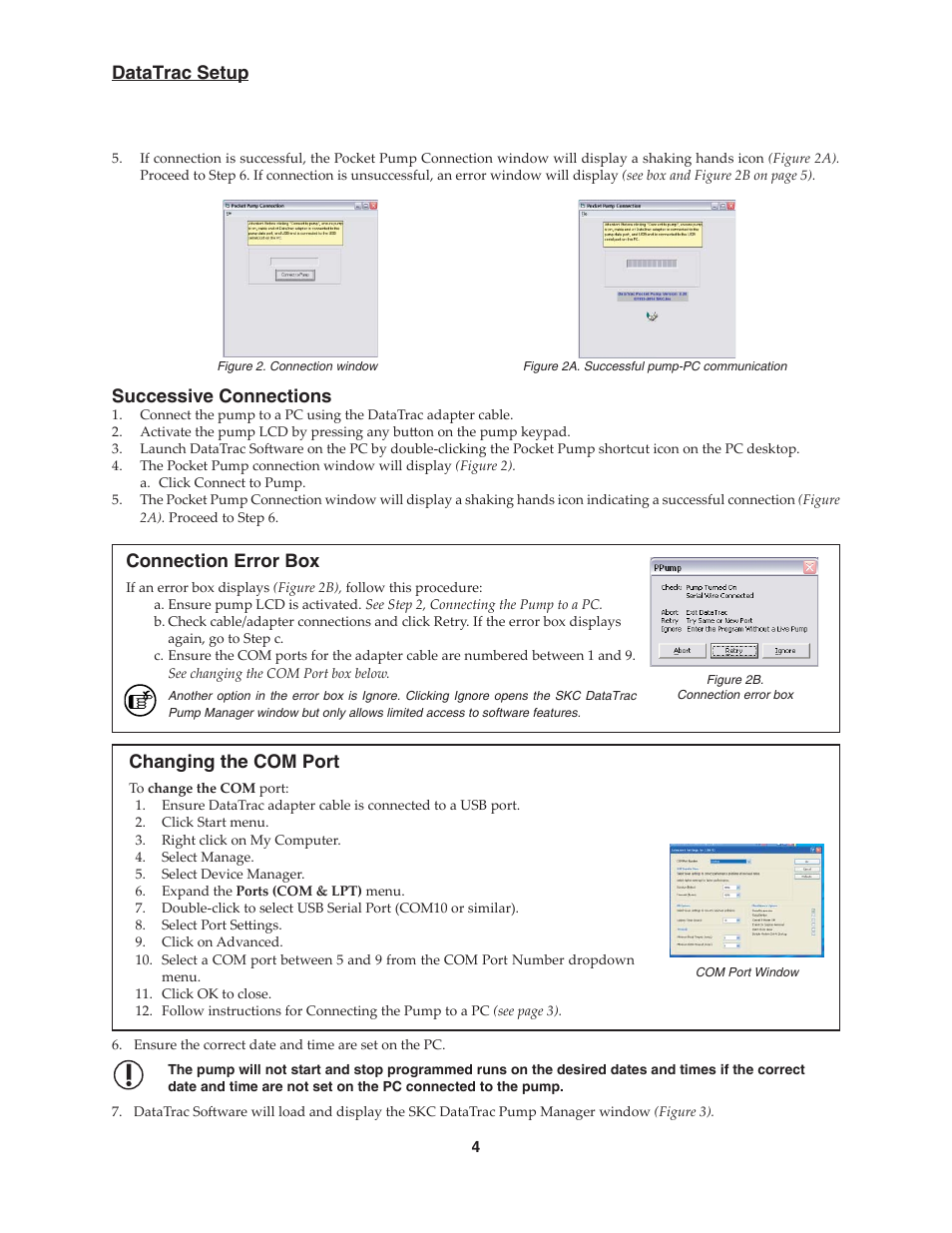 Datatrac setup, Successive connections, Connection error box | Changing the com port | SKC DataTrac for the Pocket Pump User Manual | Page 6 / 33