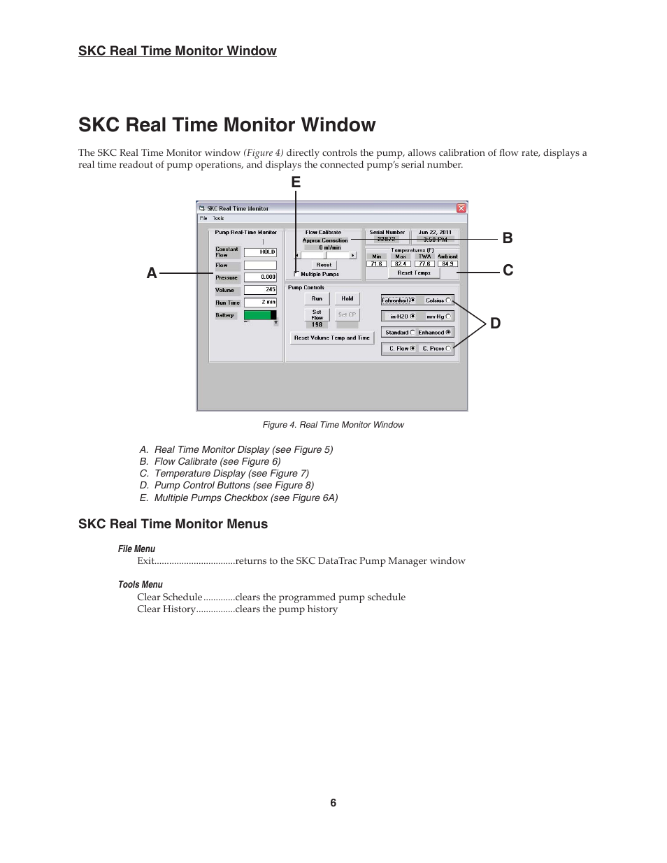 Skc real time monitor window, Ad c b e | SKC DataTrac for the Pocket Pump User Manual | Page 8 / 33