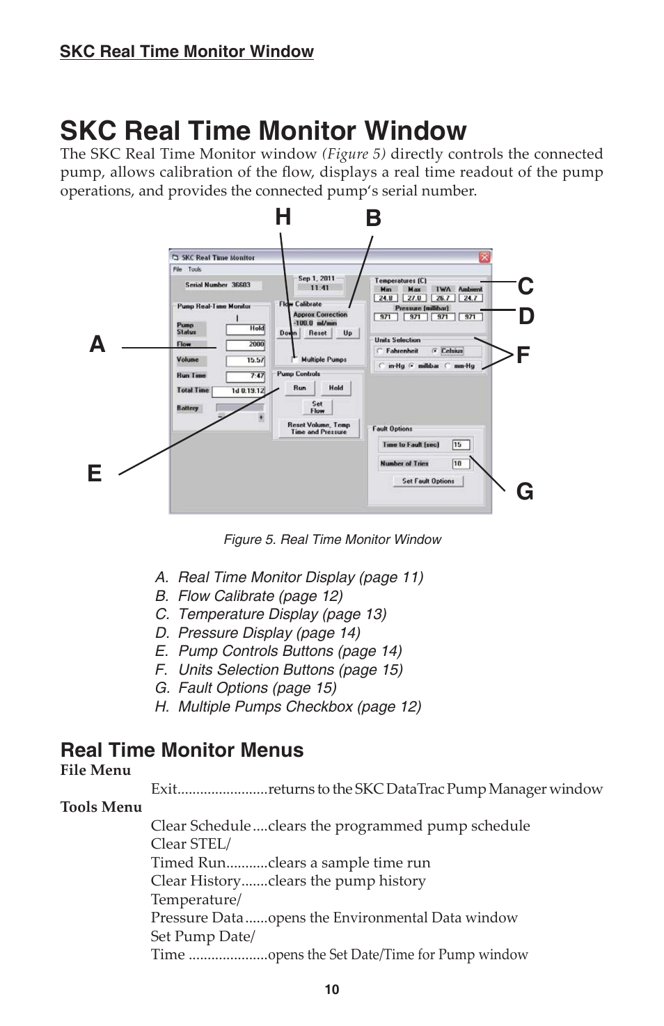 Skc real time monitor window, Ad c b, Fe g h | Real time monitor menus | SKC DatraTrac 2000 for the AirChek 2000_3000 User Manual | Page 12 / 47