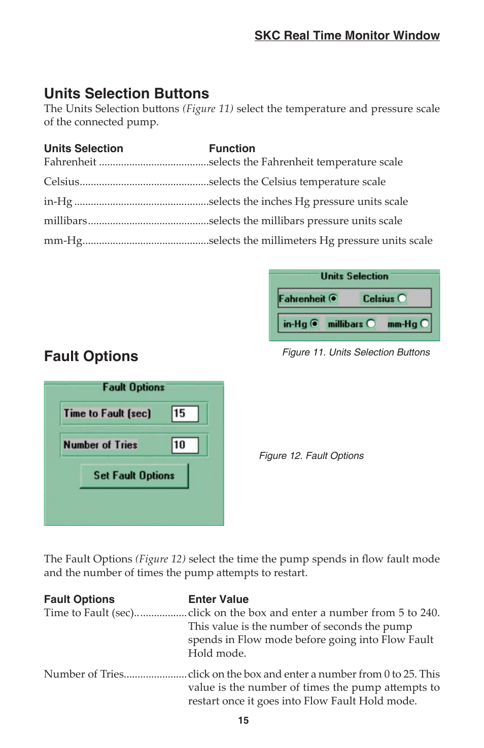 Units selection buttons, Fault options | SKC DatraTrac 2000 for the AirChek 2000_3000 User Manual | Page 17 / 47