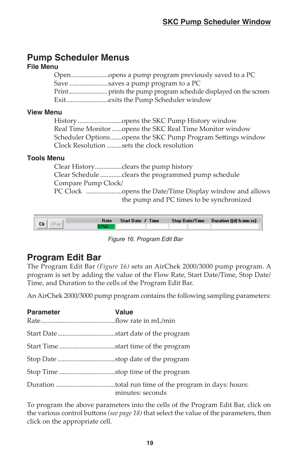 Pump scheduler menus, Program edit bar | SKC DatraTrac 2000 for the AirChek 2000_3000 User Manual | Page 21 / 47