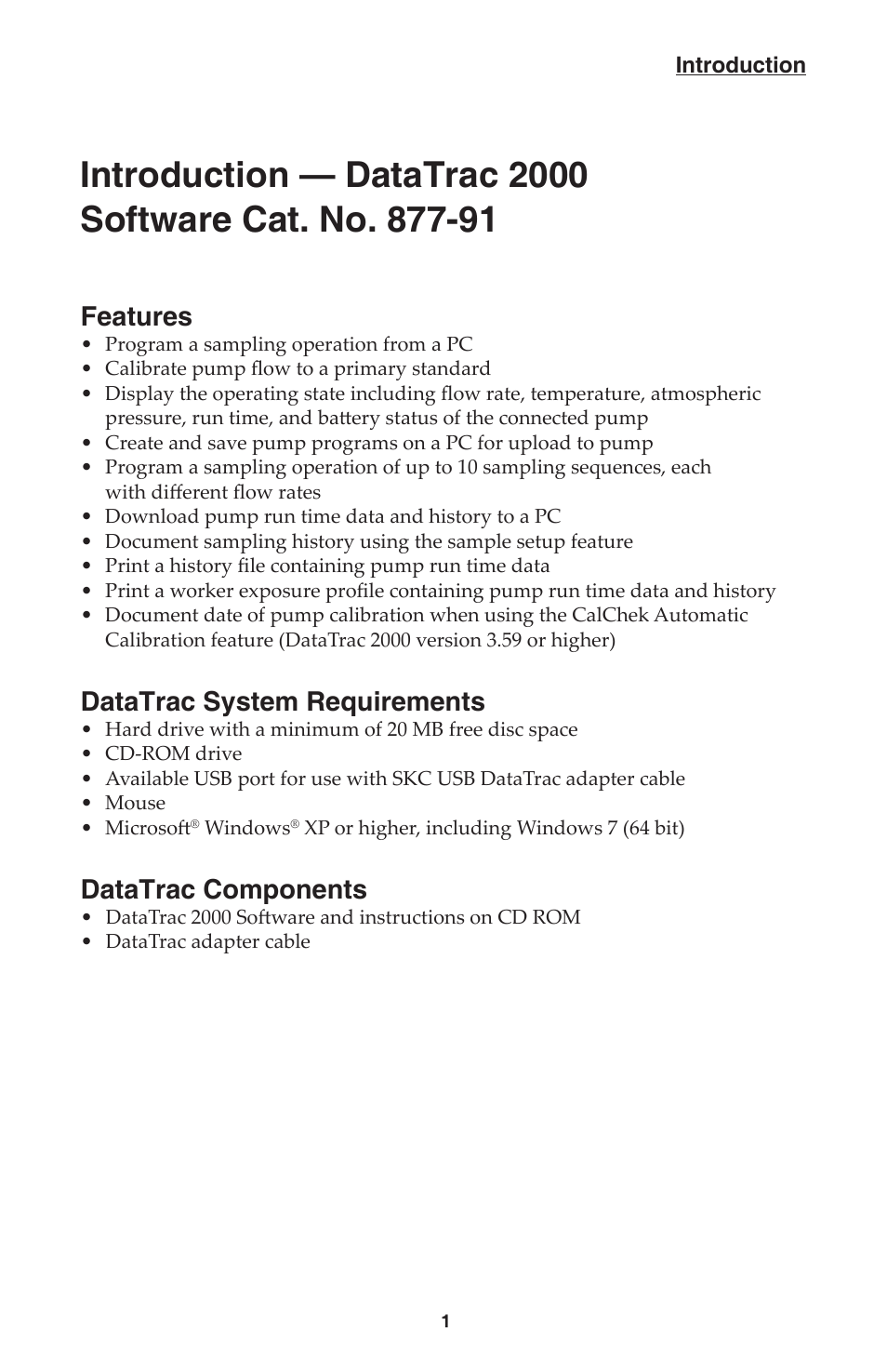 Features, Datatrac system requirements, Datatrac components | SKC DatraTrac 2000 for the AirChek 2000_3000 User Manual | Page 3 / 47