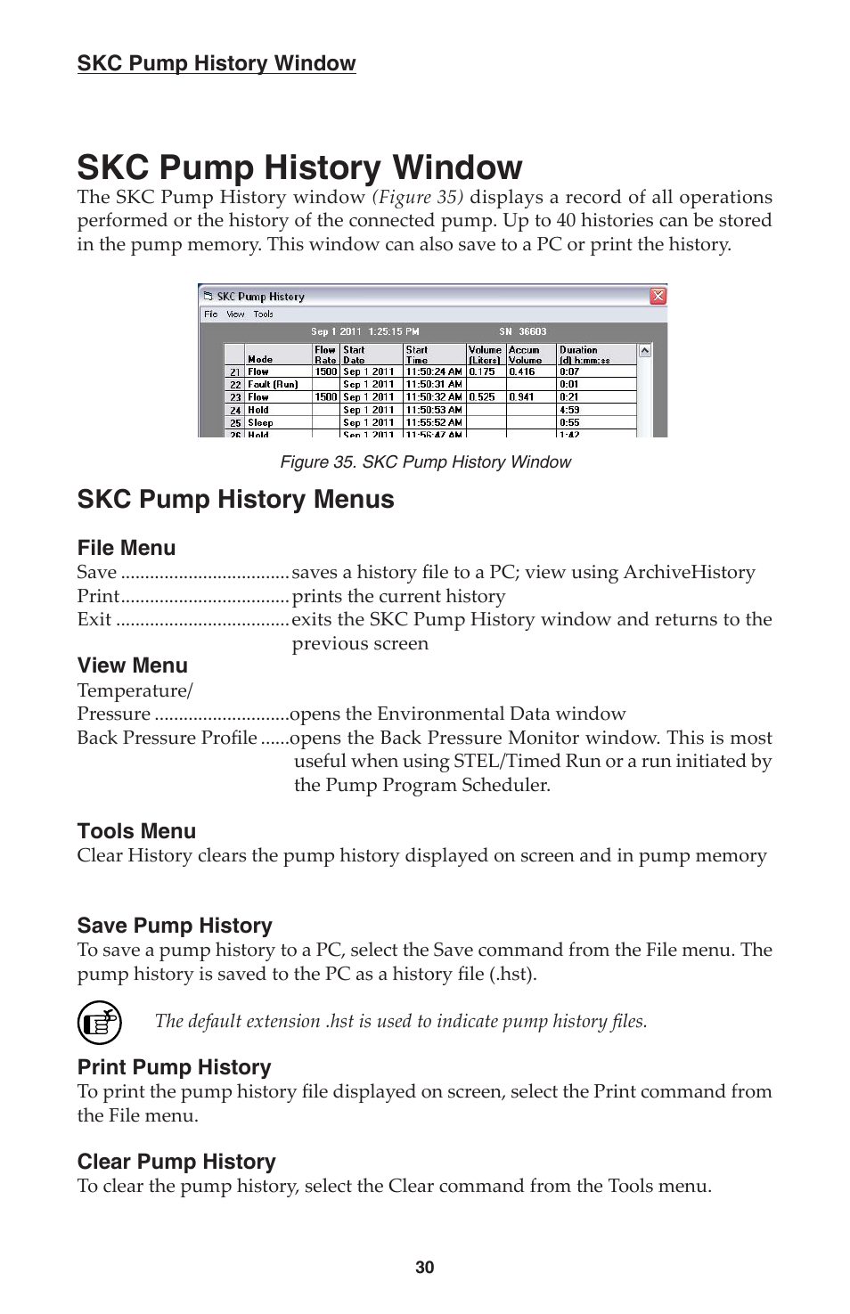 Skc pump history window, Skc pump history menus | SKC DatraTrac 2000 for the AirChek 2000_3000 User Manual | Page 32 / 47