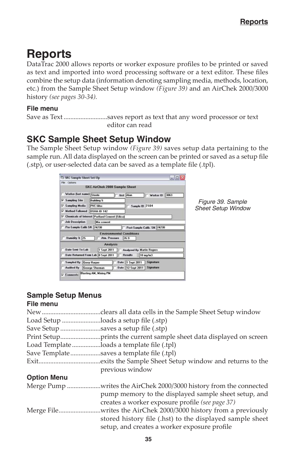 Reports, Skc sample sheet setup window | SKC DatraTrac 2000 for the AirChek 2000_3000 User Manual | Page 37 / 47