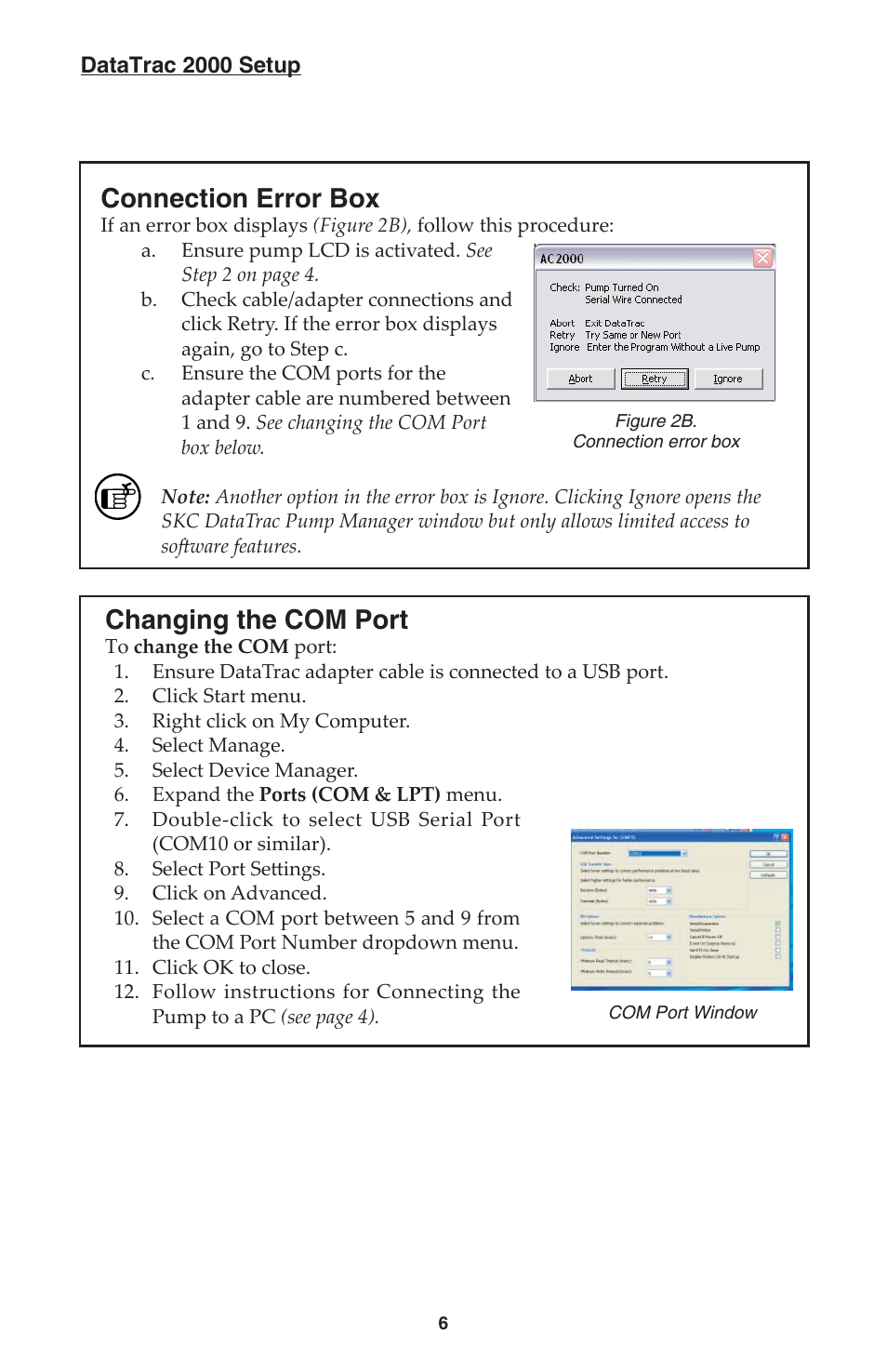 Connection error box, Changing the com port | SKC DatraTrac 2000 for the AirChek 2000_3000 User Manual | Page 8 / 47