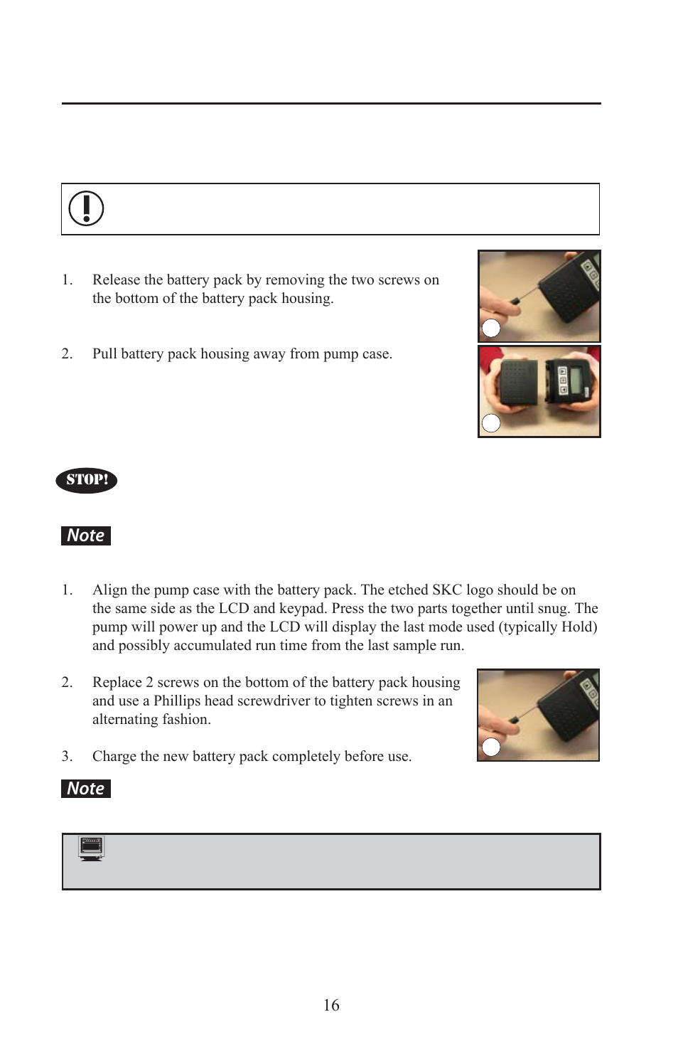 Battery replacement, Replacing the li-ion battery pack | SKC 210-5000 AirChek XR5000 User Manual | Page 19 / 22