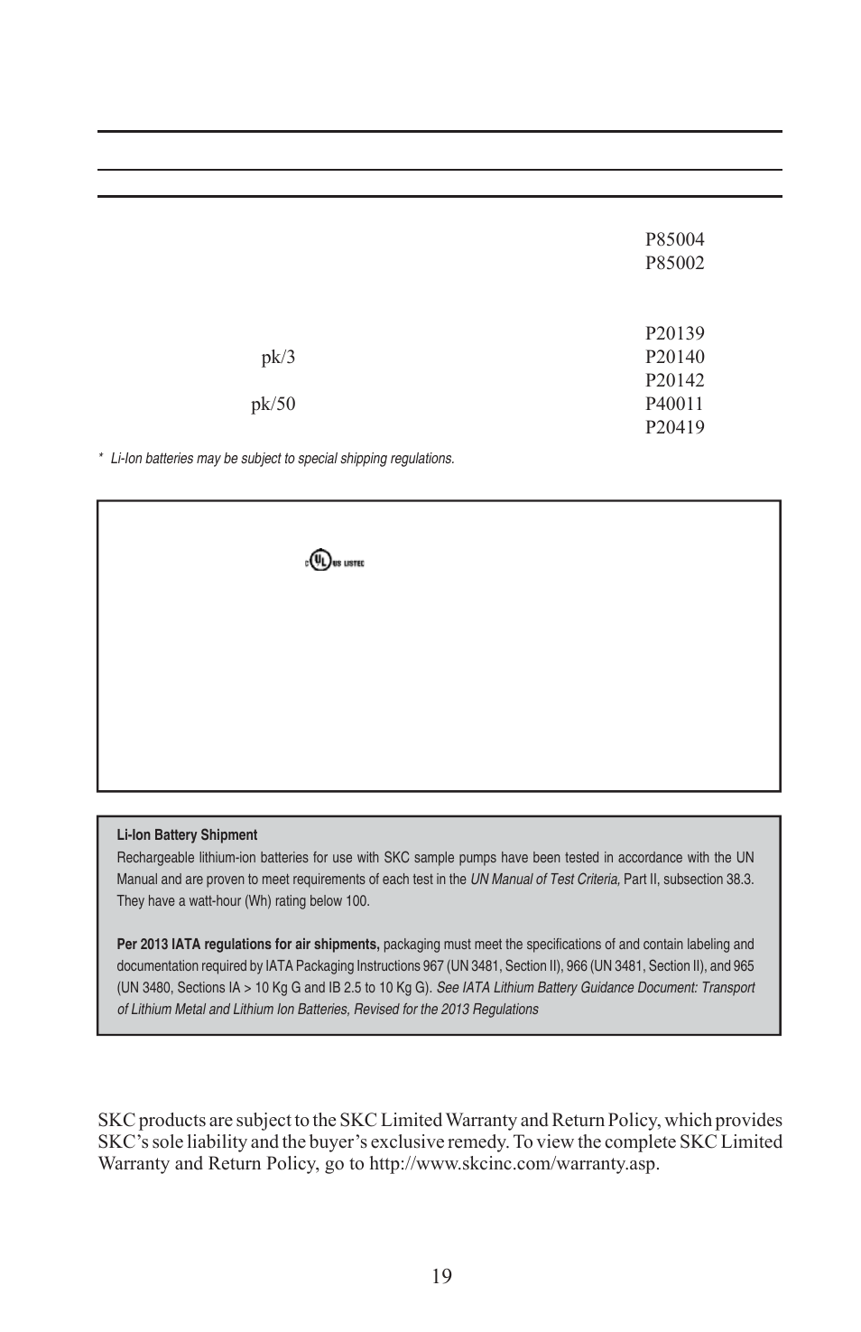 Replacement parts, Skc limited warranty and return policy | SKC 210-5000 AirChek XR5000 User Manual | Page 22 / 22