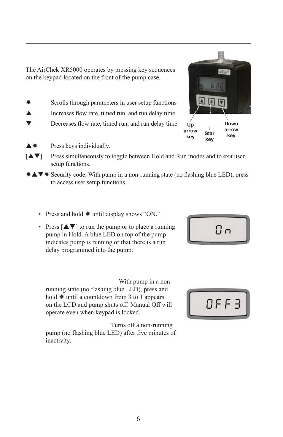 Setup, Keypad basics, Turning the pump on | Turning the pump off | SKC 210-5000 AirChek XR5000 User Manual | Page 9 / 22