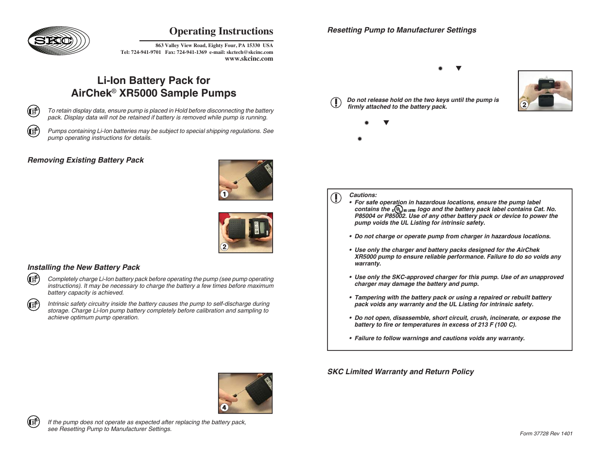 SKC Battery Pack Li-Ion for AirChek XR5000 User Manual | 1 page