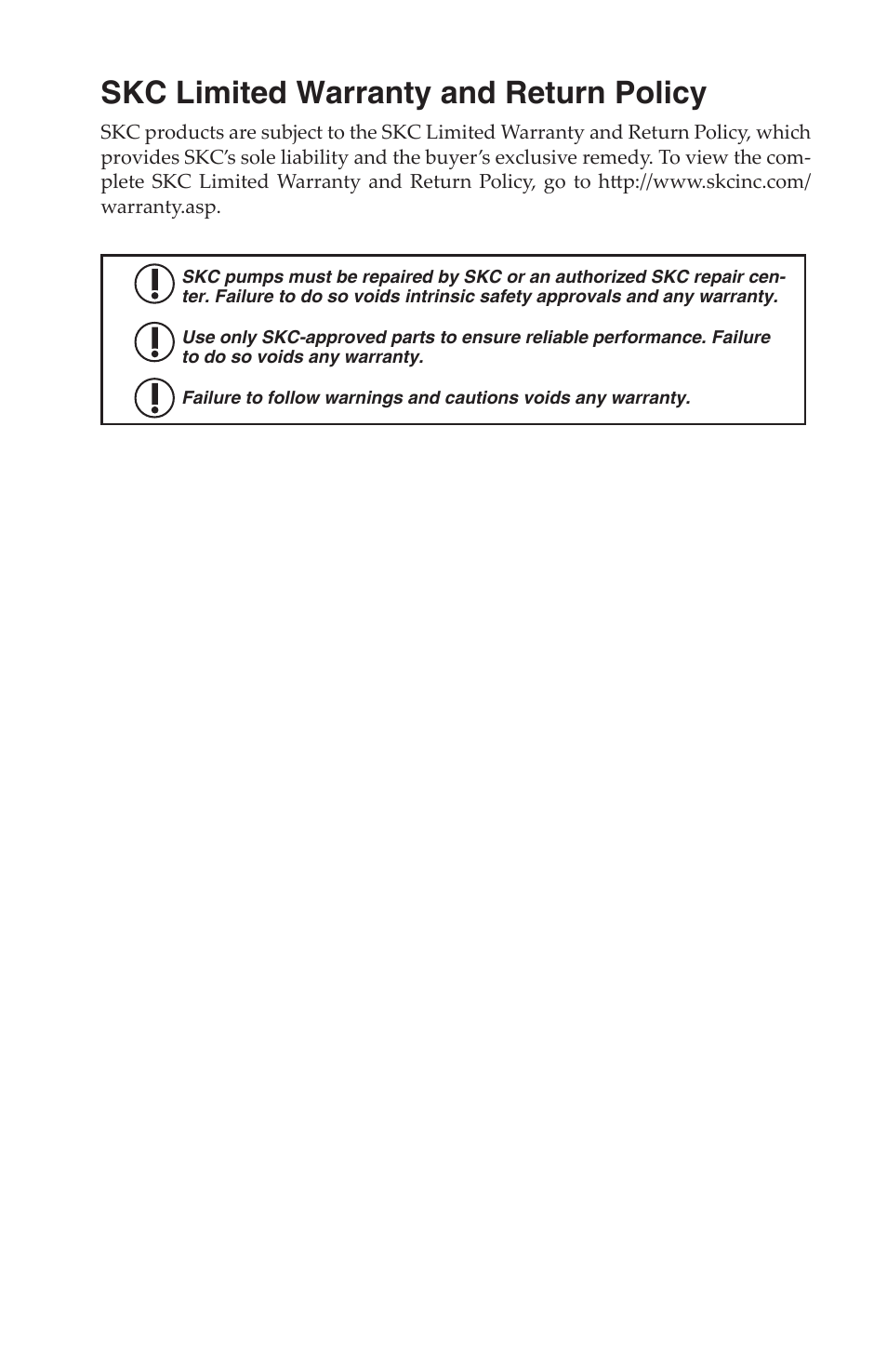 Skc limited warranty and return policy | SKC 222-Series Low Flow Pump User Manual | Page 11 / 11
